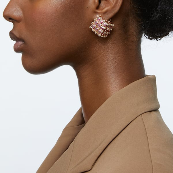Curiosa stud earring, Single, Square, Orange, Gold-tone plated